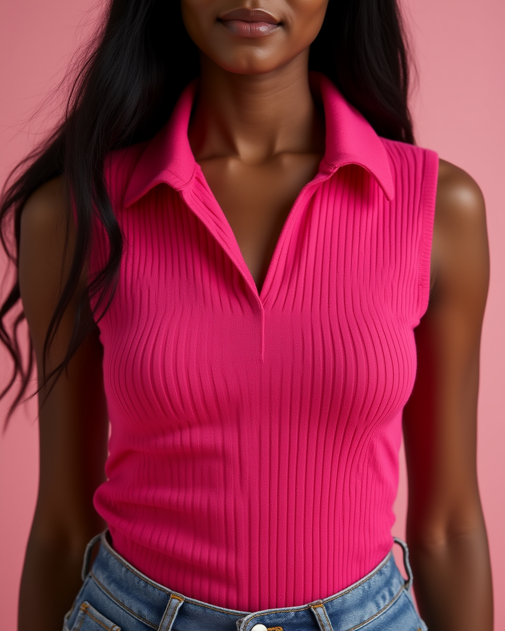 Summer V-Neck Ribbed Knit Crop Top - Sleeveless Turndown Collar in 10 Colors
