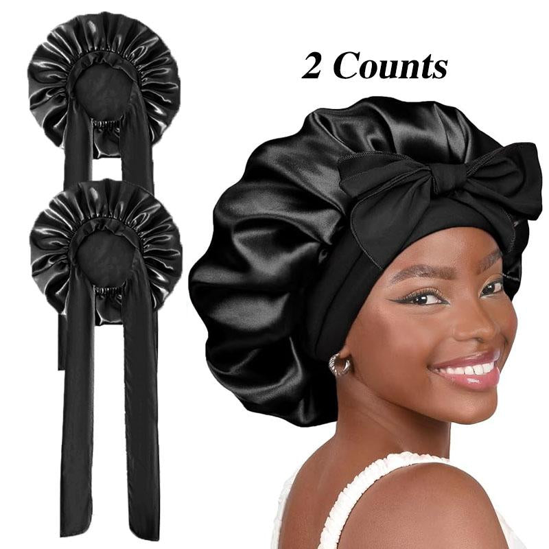 Solid Color Hair Bonnet 2 Counts Satin Night Sleep Hair Cap for Women Curly & Straight Hair Head Cover for Girls and Women Heatless Styling Tools Adjustable Satin Hair