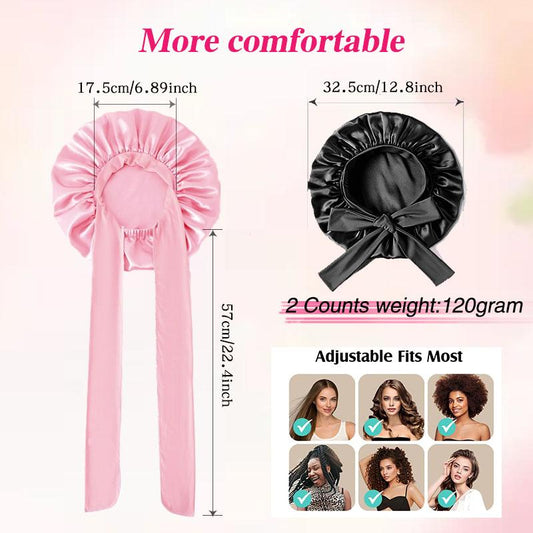 Solid Color Hair Bonnet 2 Counts Satin Night Sleep Hair Cap for Women Curly & Straight Hair Head Cover for Girls and Women Heatless Styling Tools Adjustable Satin Hair