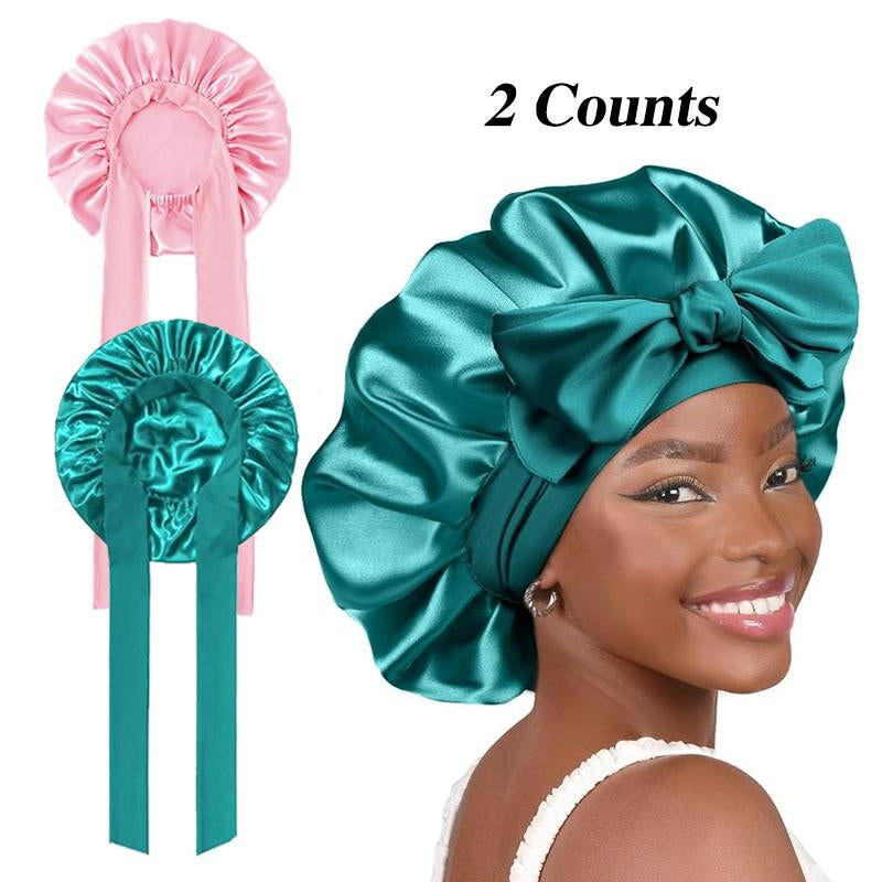 Solid Color Hair Bonnet 2 Counts Satin Night Sleep Hair Cap for Women Curly & Straight Hair Head Cover for Girls and Women Heatless Styling Tools Adjustable Satin Hair