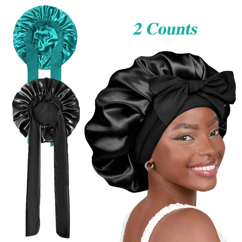 Solid Color Hair Bonnet 2 Counts Satin Night Sleep Hair Cap for Women Curly & Straight Hair Head Cover for Girls and Women Heatless Styling Tools Adjustable Satin Hair